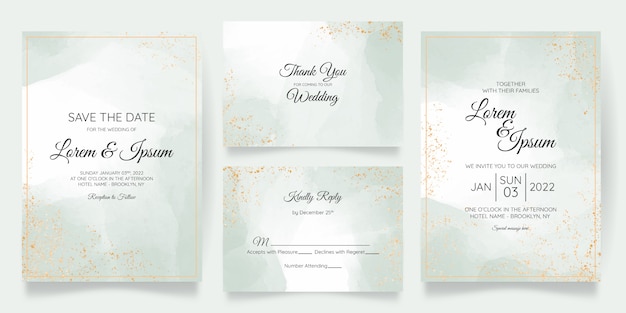 Watercolor pastel wedding invitation card template set with golden floral decoration