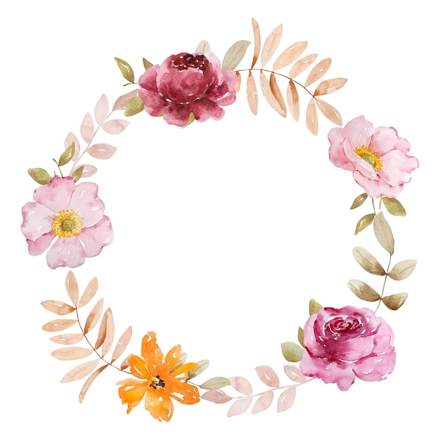 Watercolor pastel wreath with autumn flowers and leaves