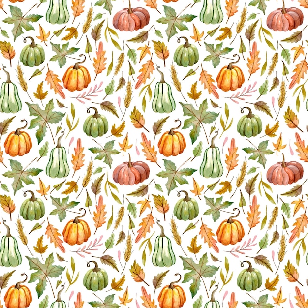 Vector watercolor pattern on an autumn theme with pumpkins and leaves illustration with colorful pumpkins