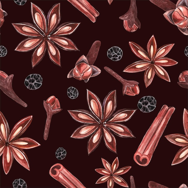 Watercolor pattern Seamless texture with cinnamon anise cloves and pepper and spices