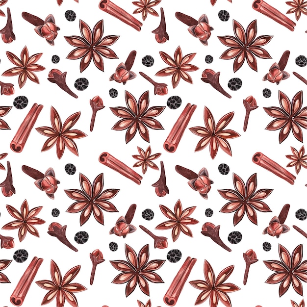 Vector watercolor pattern seamless texture with cinnamon anise cloves and pepper and spices