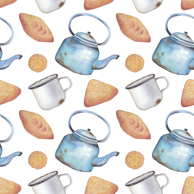 watercolor pattern tea drinking teapot mug pies cookies