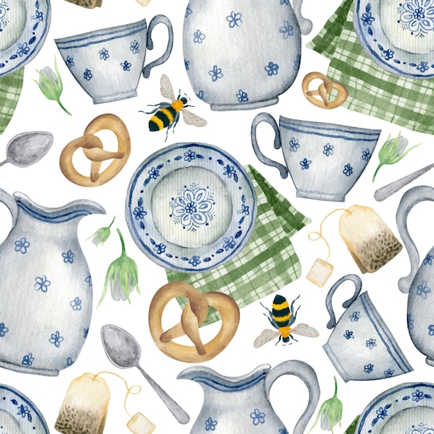 Watercolor pattern of vintage utensils in a rustic style. kitchen rustic pattern