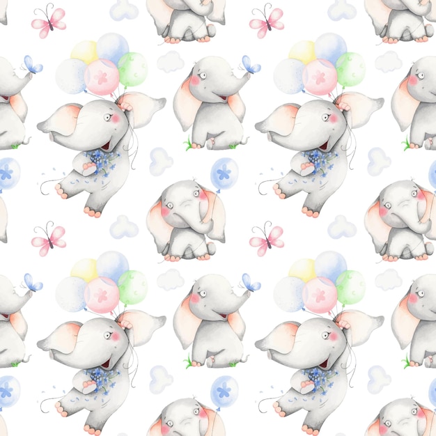 Vector watercolor pattern with baby elephants and a butterfly