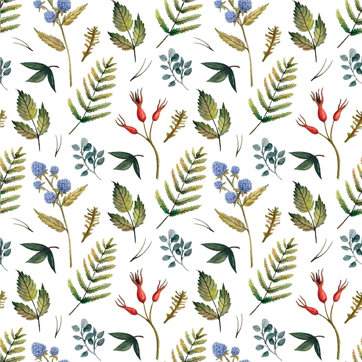 Vector watercolor pattern with blackberries and rose hips