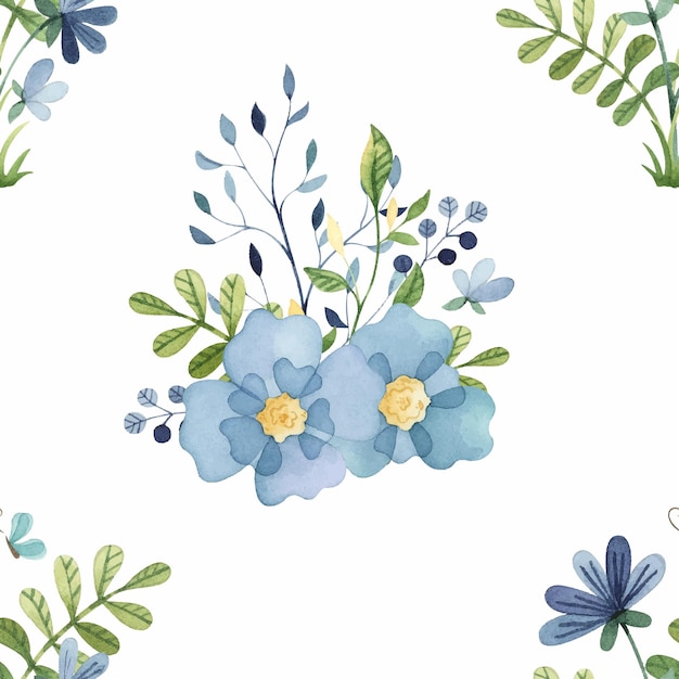 Акварель с голубыми цветами и зеленью