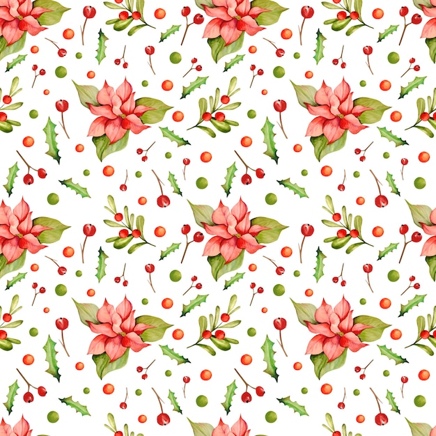 Watercolor pattern with christmas poinsettia flower