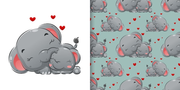 Watercolor pattern with elephant sleeping with happy face illustration