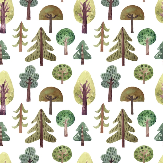 Watercolor pattern with forest trees and bushes in cartoon style Green forest