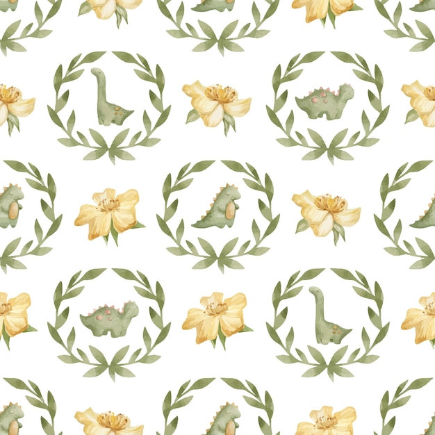 Watercolor pattern with green floral wreaths and dinosaurs Cute dino plants flowers