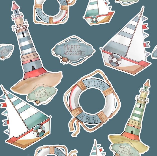 Vector watercolor pattern with marine elements, boats and lighthouses.