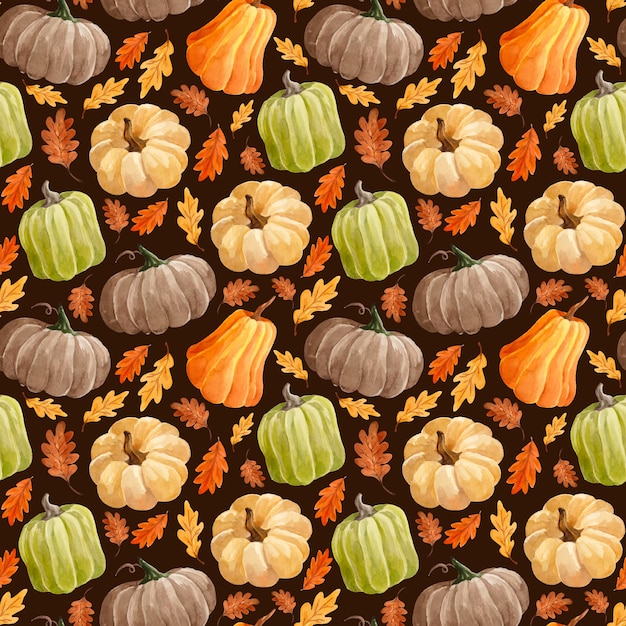 Watercolor pattern with pumpkins and leaves