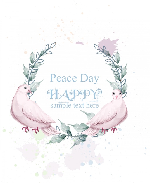 Watercolor peace day with dove birds wreath