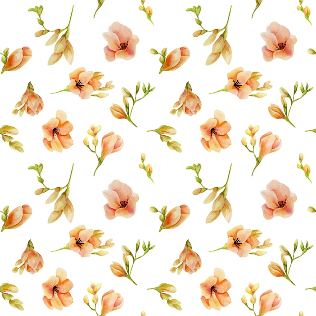 Watercolor peach freesia flowers seamless pattern