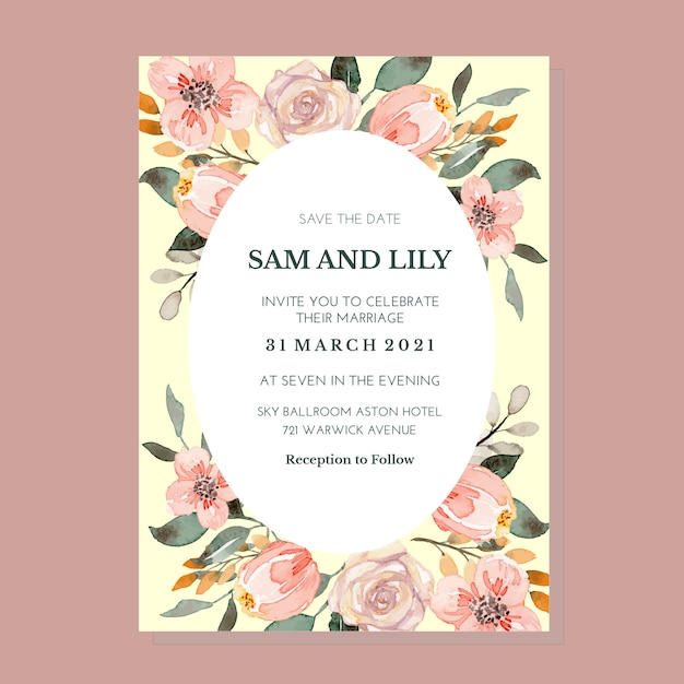 Vector watercolor peach and tan loose floral wedding invitation card template