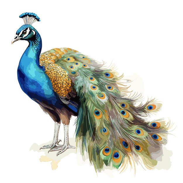 Vector watercolor peacock illustration on white