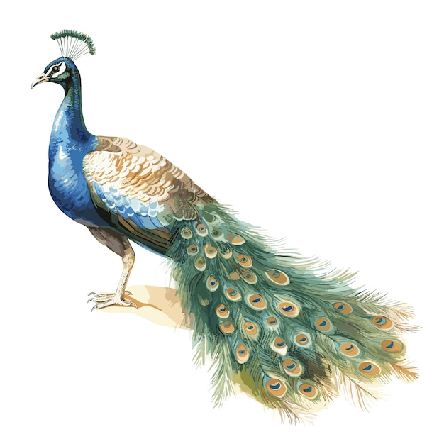 Vector watercolor peacock illustration on white