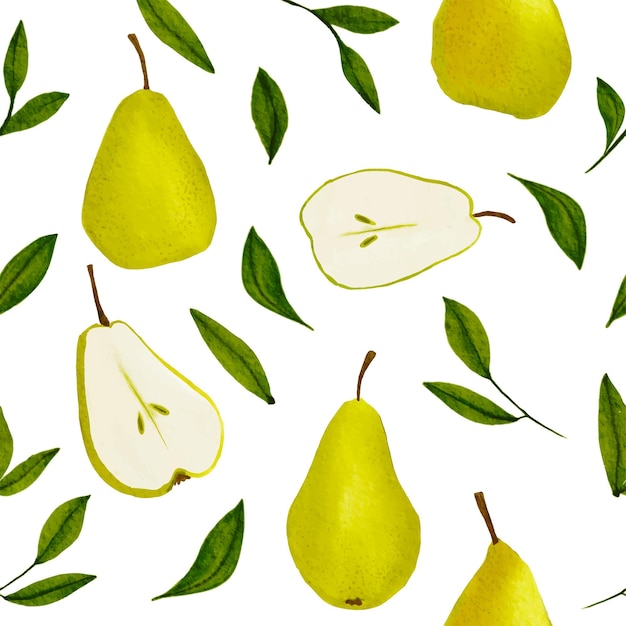 Watercolor pears and green leaves seamless pattern