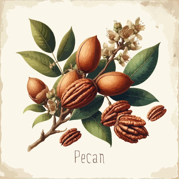 Акварель пекан винтажный ретро дизайн плаката векторная иллюстрация орех пекан фруктовая тема