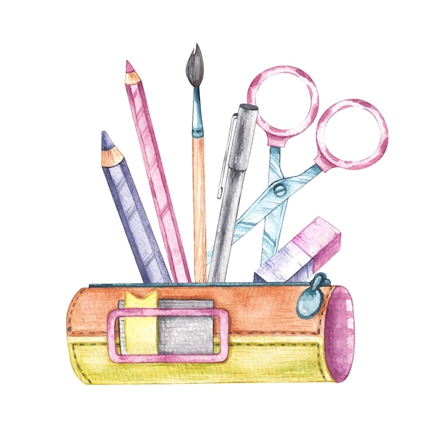 Watercolor pencil case with stationery back to school