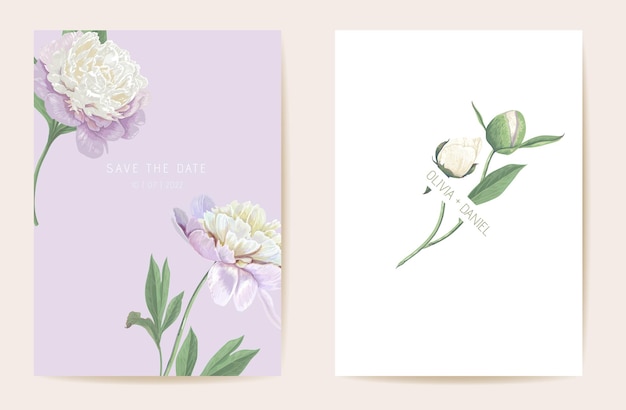 Partecipazione di nozze floreale peonia dell'acquerello. fiore di primavera vettoriale, fiore rustico, foglie di invito. cornice modello boho. copertura fogliame botanica save the date, poster dal design moderno