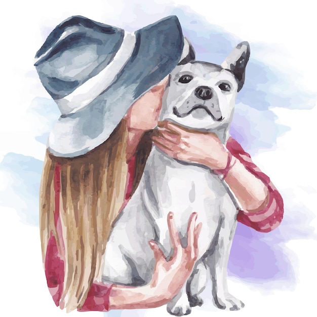 Watercolor people and dog