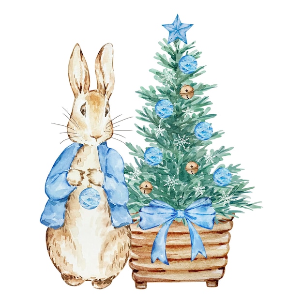 Watercolor Peter Rabbit with decorated Christmas tree