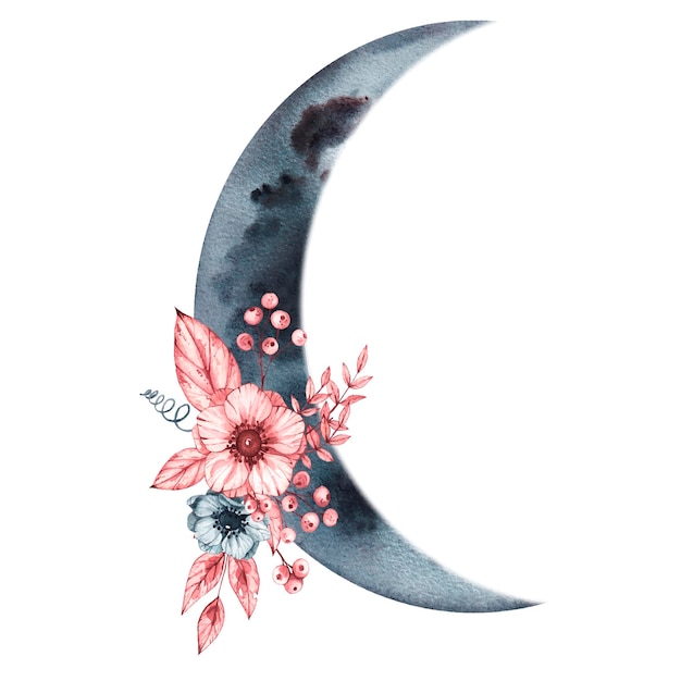 watercolor phase of the moon with flowers on a white background
