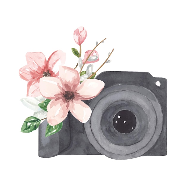 Watercolor photo label Hand drawn photo camera surrounded by various flower