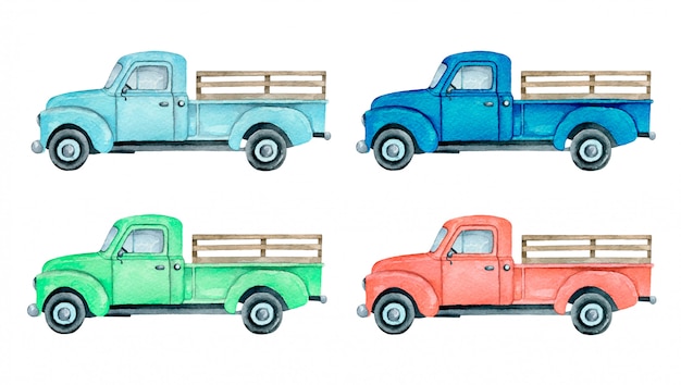 Illustrazione del camioncino dell'acquerello isolata. insieme del camioncino scoperto del camion agricolo blu-chiaro, blu, rosso e verde.