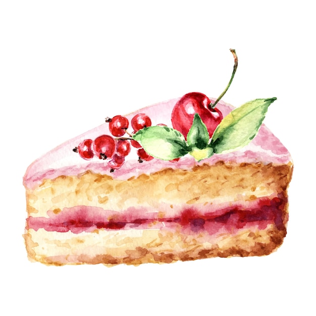 Watercolor piece cake with cherry and currant