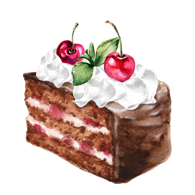 Vector watercolor piece of chocolate cake with cherry