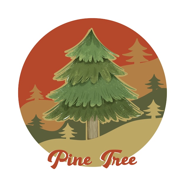 Watercolor Pine Tree Composition with Retro Background of Mountains Vector 01