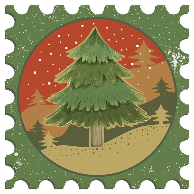 Watercolor Pine Tree Vintage Stamp for Christmas Greeting Cards Vector Composition 01