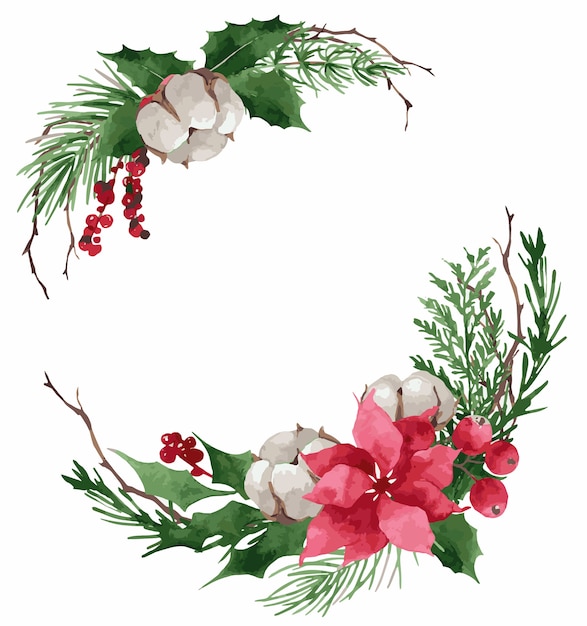 Vector watercolor pine wreath frame