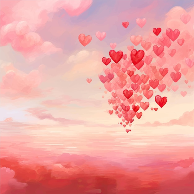 ベクトル バレンタインデーの背景にハートの風船が描かれた水彩のピンクと赤い空