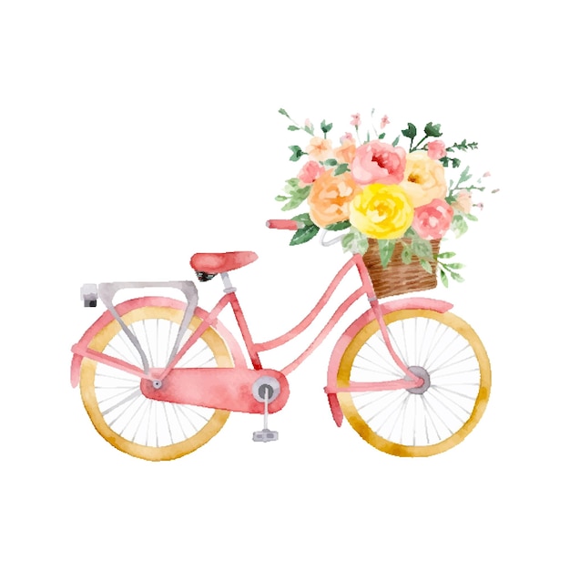 Watercolor pink bicycle with a basket of flowers