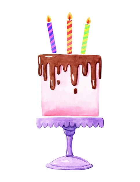 Vector watercolor pink birthday cake with candles on isolated