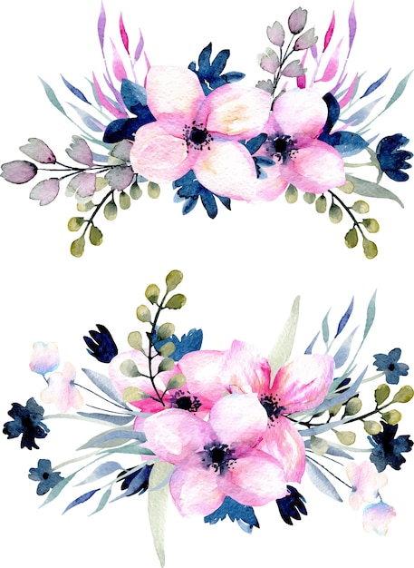 Watercolor pink and blue wildflowers and bouquets set