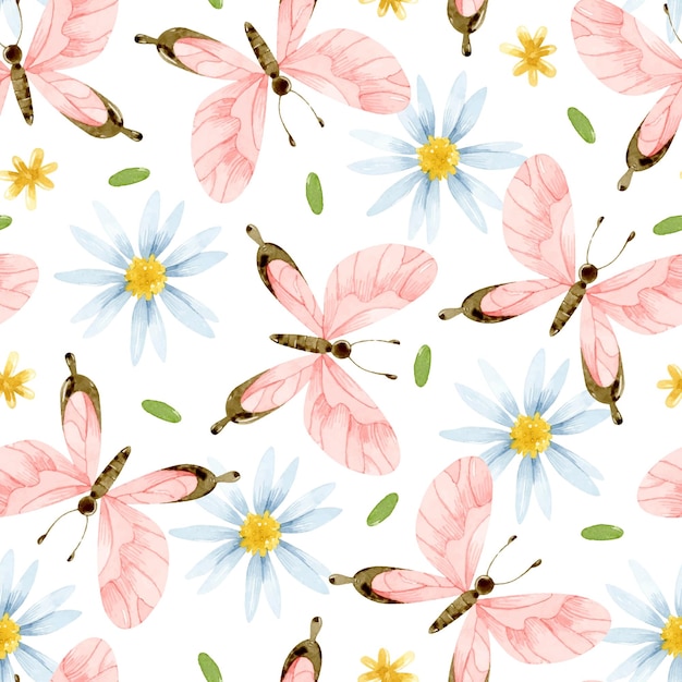 Vector watercolor pink butterflies and daisies seamless pattern