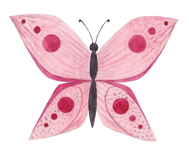 Watercolor pink butterfly with patterns on the wings