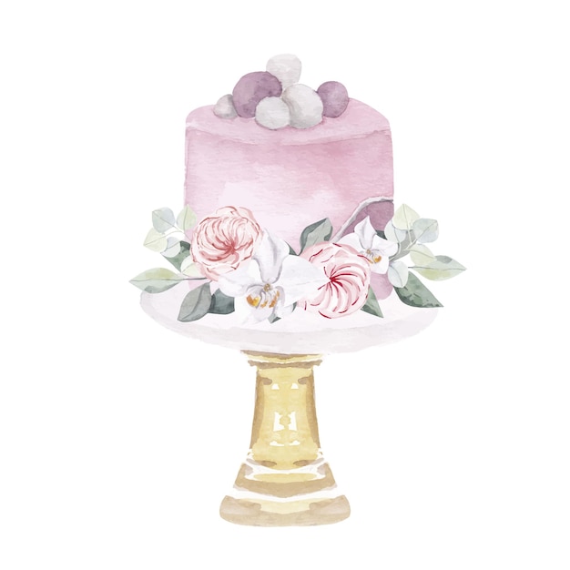 白い背景で隔離のマカロンイラストと水彩ピンクのケーキ