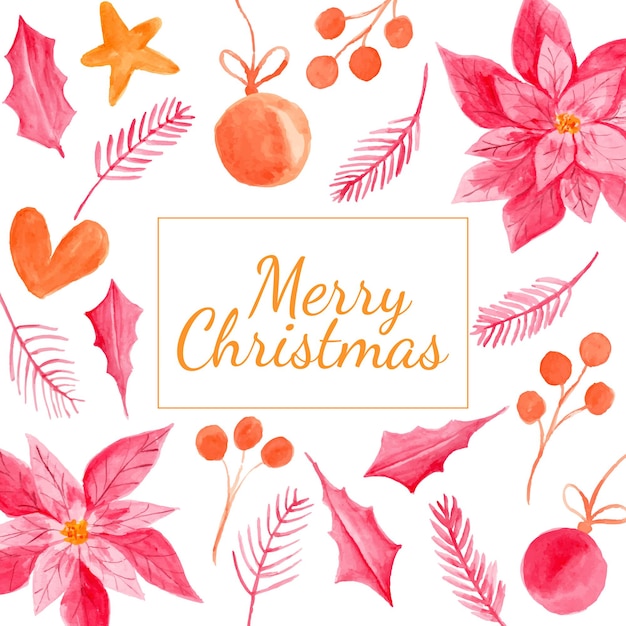 Watercolor pink christmas tree and ornaments as frame background