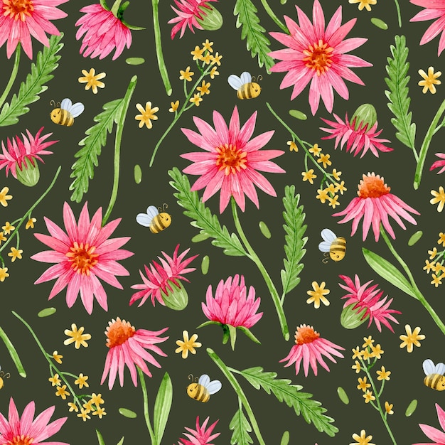 Vector watercolor pink coneflowers clovers and bees seamless pattern on dark background