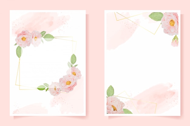 수채화 핑크 영어 핑크 스플래시 배경 결혼식이나 생일 초대 카드 템플릿 컬렉션에 골든 프레임 장미