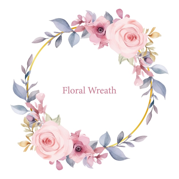 Watercolor pink floral wreath with gold circle