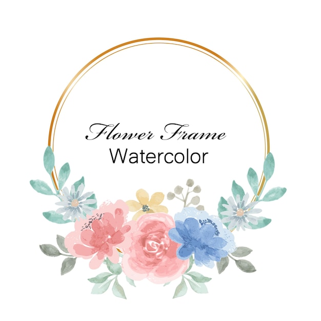 Watercolor pink flower with gold wreath