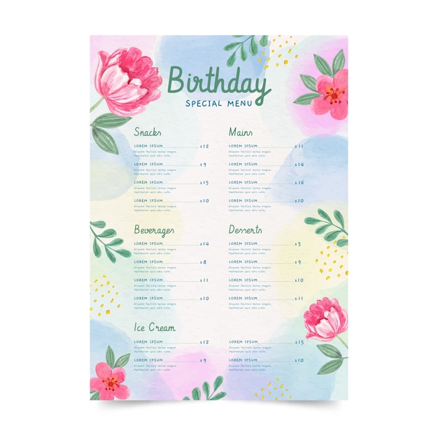 Watercolor pink flowers menu template