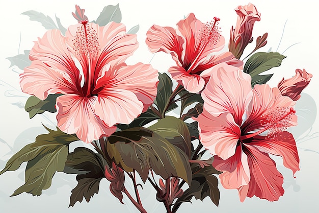 Vector watercolor pink hibiscus flowers bouquet element set isolated on white background