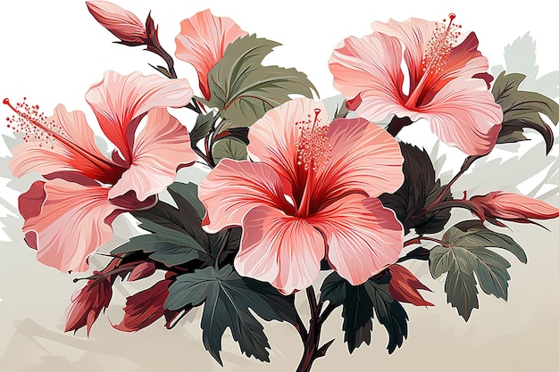 Vector watercolor pink hibiscus flowers bouquet element set isolated on white background